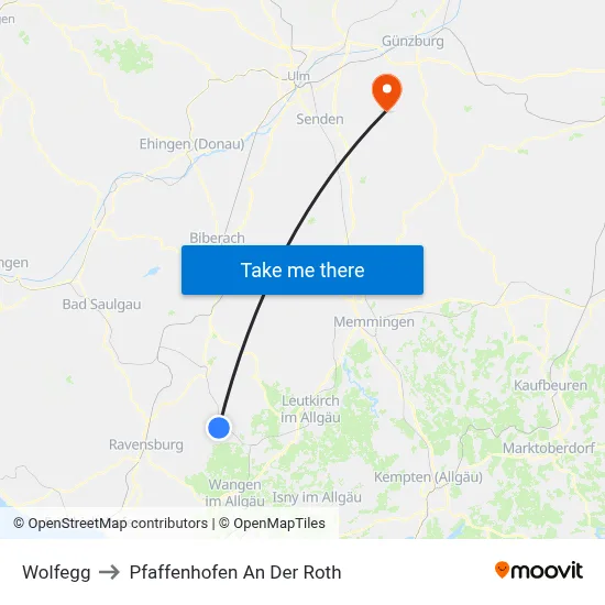 Wolfegg to Pfaffenhofen An Der Roth map