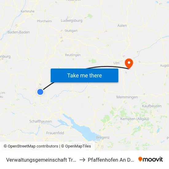 Verwaltungsgemeinschaft Trossingen to Pfaffenhofen An Der Roth map