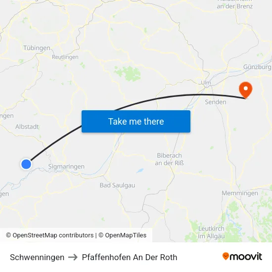 Schwenningen to Pfaffenhofen An Der Roth map