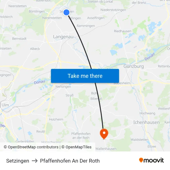 Setzingen to Pfaffenhofen An Der Roth map