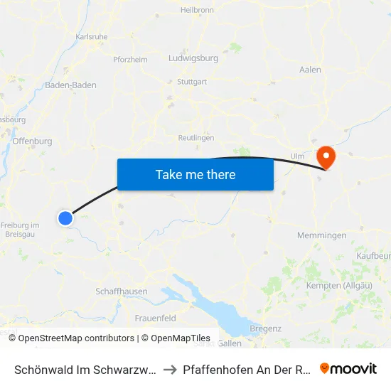 Schönwald Im Schwarzwald to Pfaffenhofen An Der Roth map