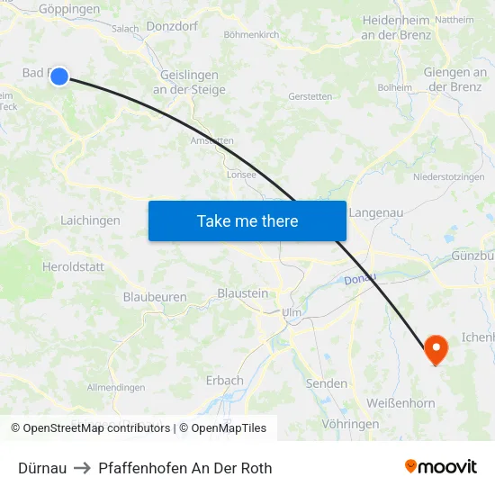 Dürnau to Pfaffenhofen An Der Roth map