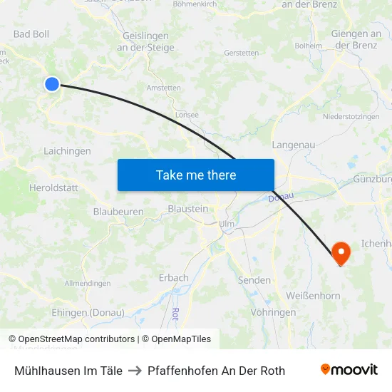 Mühlhausen Im Täle to Pfaffenhofen An Der Roth map