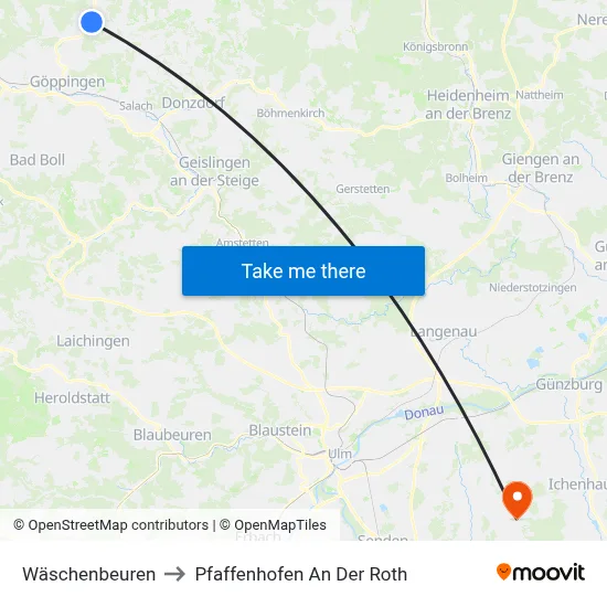 Wäschenbeuren to Pfaffenhofen An Der Roth map