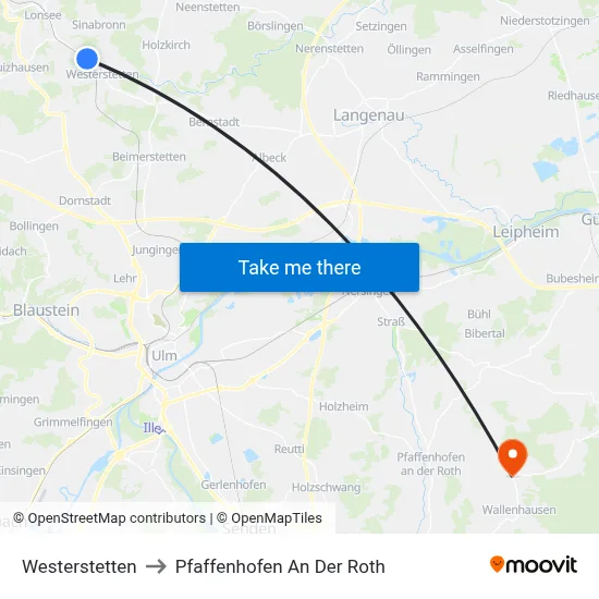 Westerstetten to Pfaffenhofen An Der Roth map