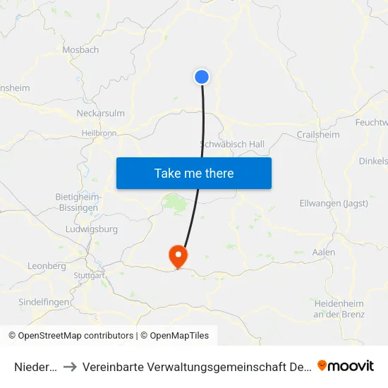 Niedernhall to Vereinbarte Verwaltungsgemeinschaft Der Stadt Schorndorf map