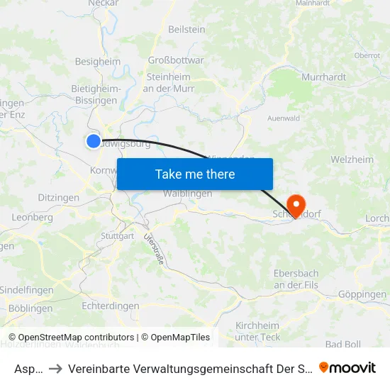 Asperg to Vereinbarte Verwaltungsgemeinschaft Der Stadt Schorndorf map