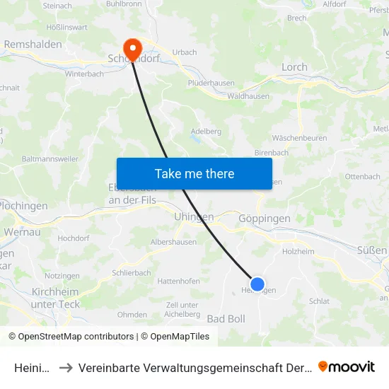 Heiningen to Vereinbarte Verwaltungsgemeinschaft Der Stadt Schorndorf map