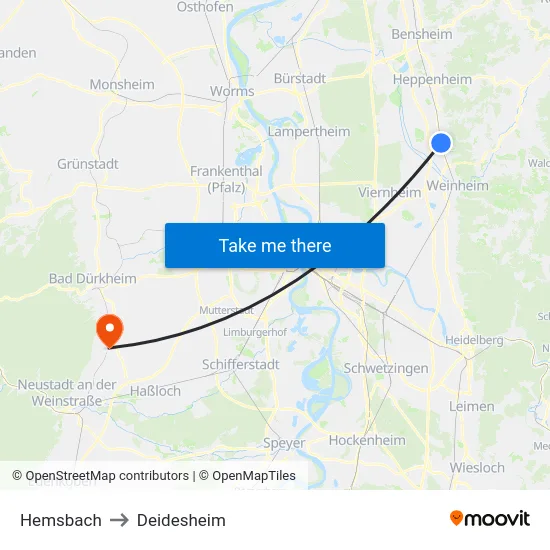 Hemsbach to Deidesheim map