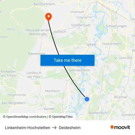 Linkenheim-Hochstetten to Deidesheim map