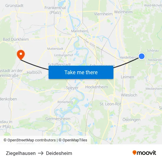 Ziegelhausen to Deidesheim map