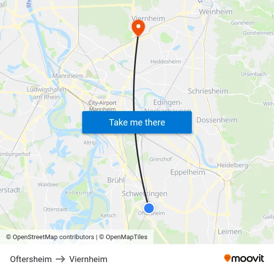 Oftersheim to Viernheim map
