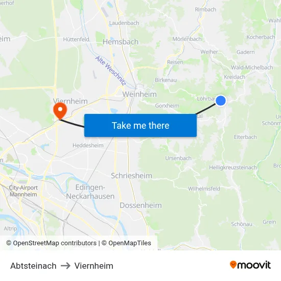 Abtsteinach to Viernheim map