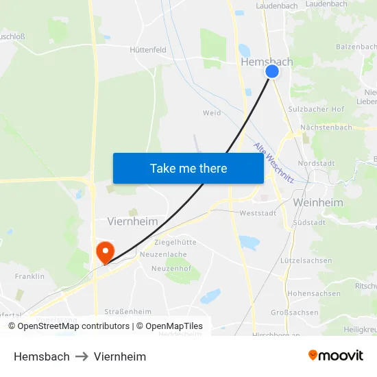 Hemsbach to Viernheim map
