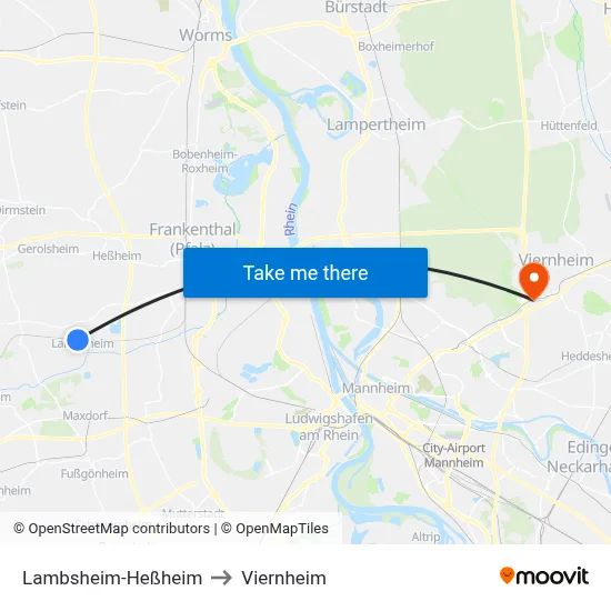 Lambsheim-Heßheim to Viernheim map