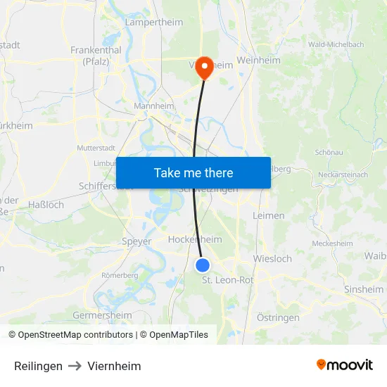 Reilingen to Viernheim map