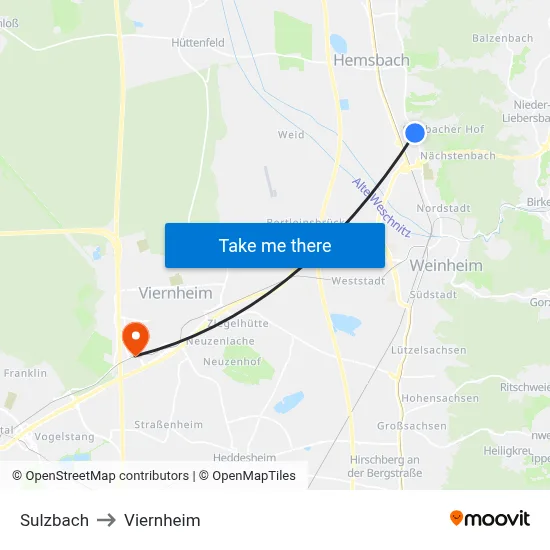 Sulzbach to Viernheim map
