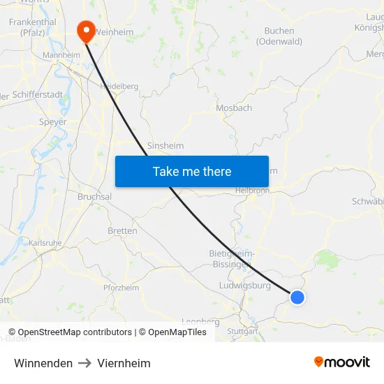Winnenden to Viernheim map