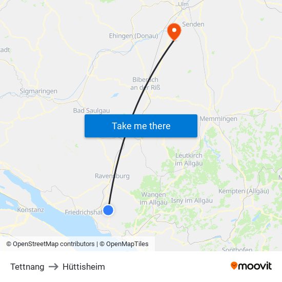 Tettnang to Hüttisheim map
