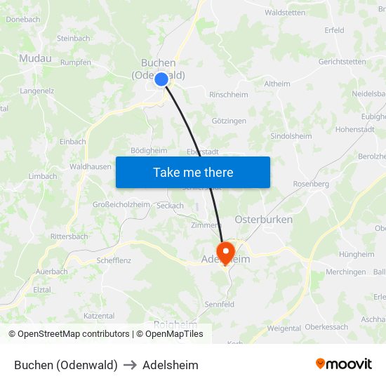 Buchen (Odenwald) to Adelsheim map