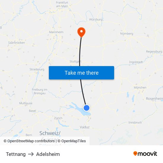 Tettnang to Adelsheim map