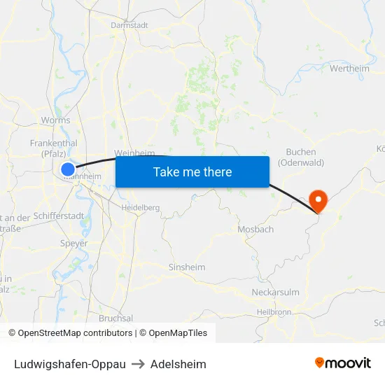 Ludwigshafen-Oppau to Adelsheim map
