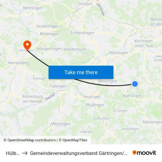 Hülben to Gemeindeverwaltungsverband Gärtringen / Ehningen map