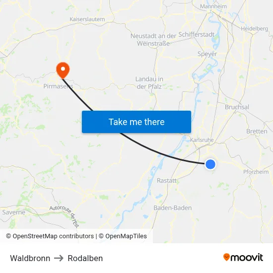 Waldbronn to Rodalben map