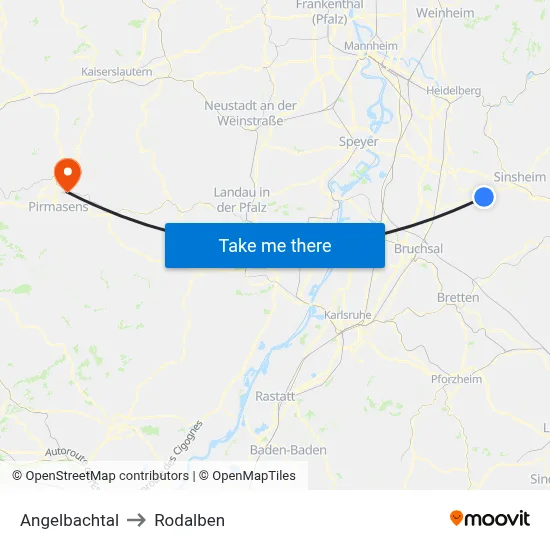 Angelbachtal to Rodalben map
