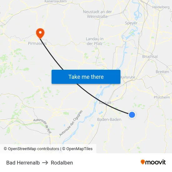 Bad Herrenalb to Rodalben map