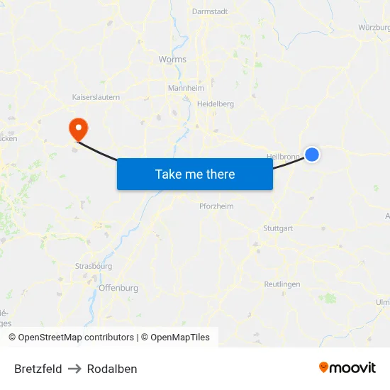 Bretzfeld to Rodalben map