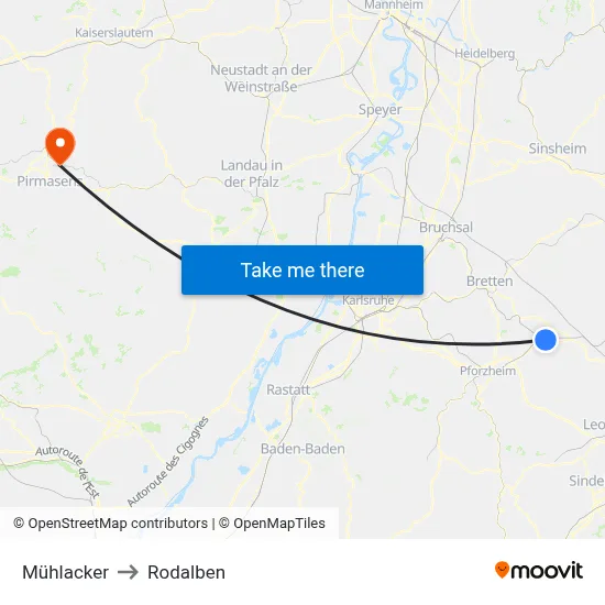 Mühlacker to Rodalben map