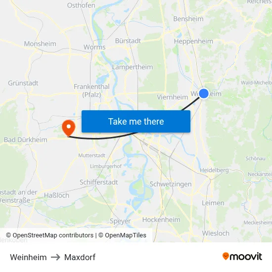 Weinheim to Maxdorf map