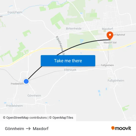 Gönnheim to Maxdorf map