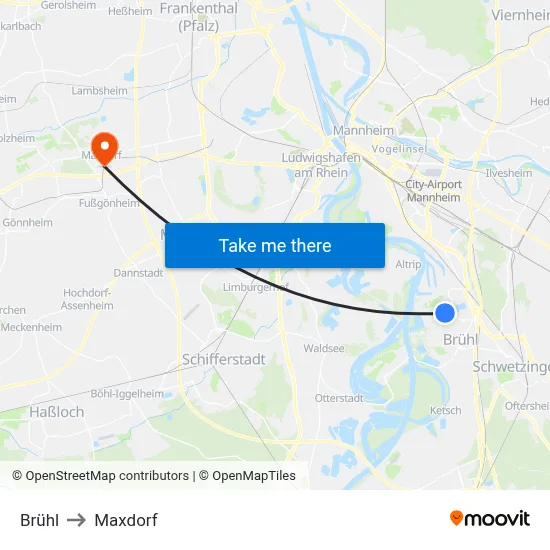 Brühl to Maxdorf map