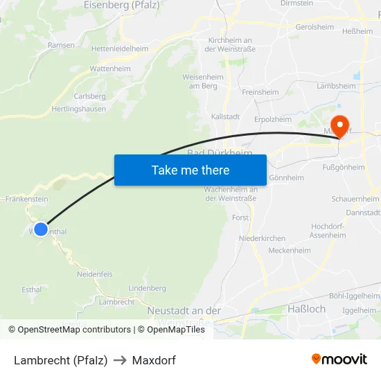 Lambrecht (Pfalz) to Maxdorf map