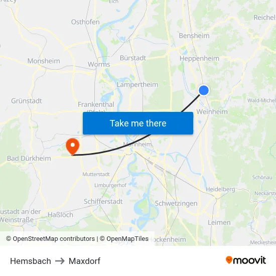 Hemsbach to Maxdorf map