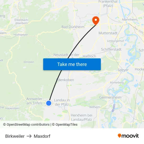 Birkweiler to Maxdorf map