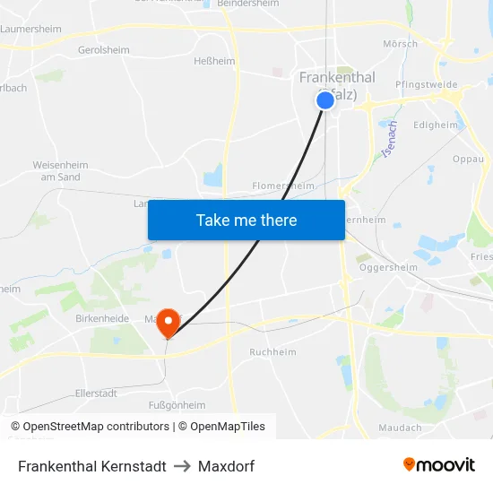 Frankenthal Kernstadt to Maxdorf map