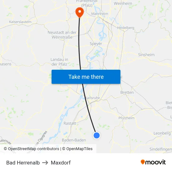 Bad Herrenalb to Maxdorf map