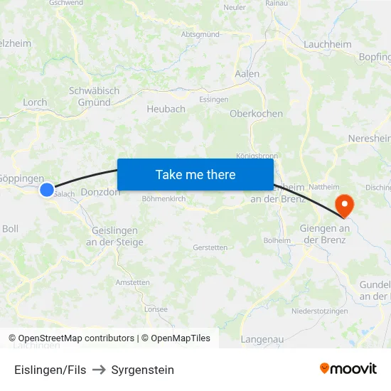 Eislingen/Fils to Syrgenstein map