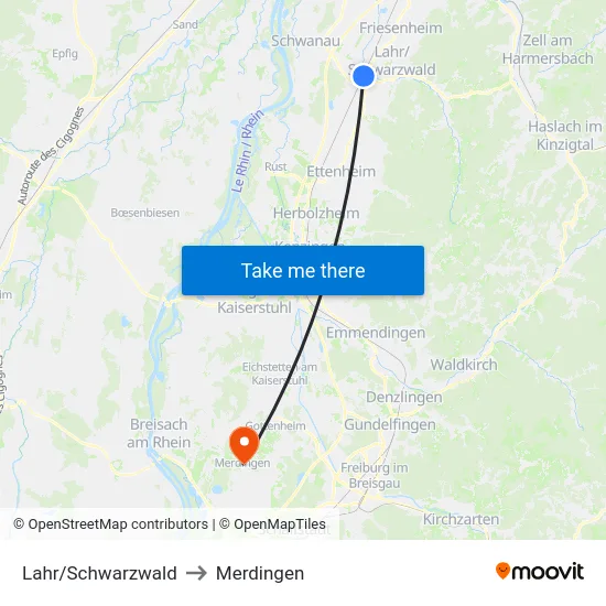 Lahr/Schwarzwald to Merdingen map
