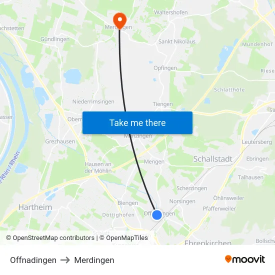 Offnadingen to Merdingen map