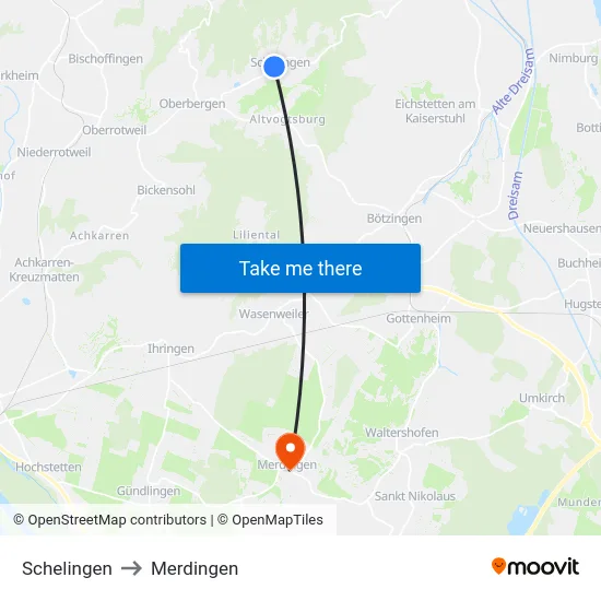 Schelingen to Merdingen map