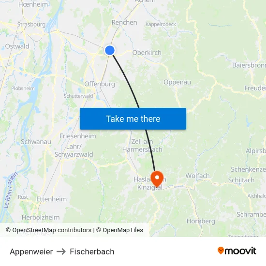 Appenweier to Fischerbach map