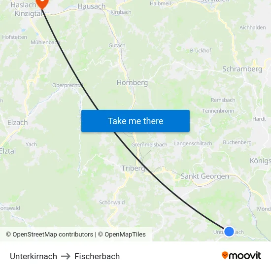 Unterkirnach to Fischerbach map