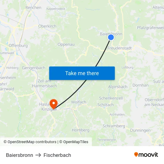 Baiersbronn to Fischerbach map