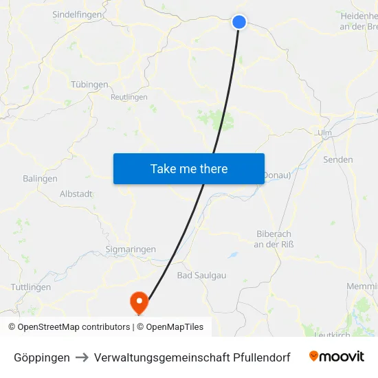 Göppingen to Verwaltungsgemeinschaft Pfullendorf map