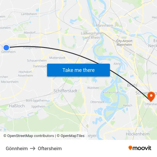 Gönnheim to Oftersheim map