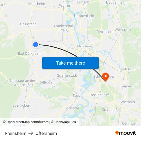 Freinsheim to Oftersheim map